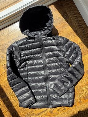 Lock n Love Down Feather Winter Utility Black Hooded Lightweight Puffer Jacket M